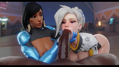 Pharah helping Mercy deepthroat the BBC